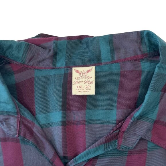 Faded Glory Womens Plaid Tunic Shirt SZ XXL (20)Teal & Burgundy Adj Waist Tie - Picture 4 of 11